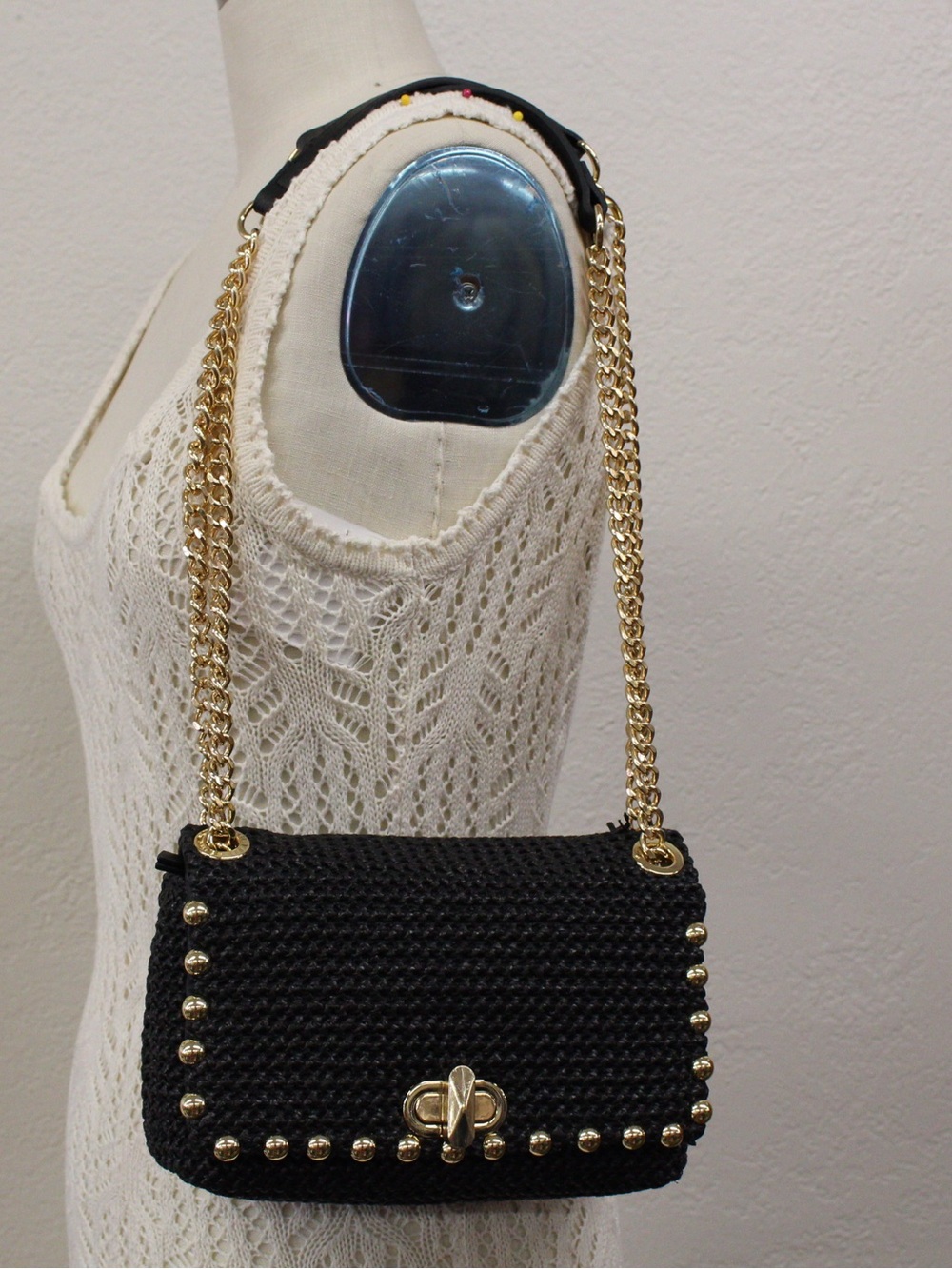 INC Black Woven Shoulder Bag with Gold Studs